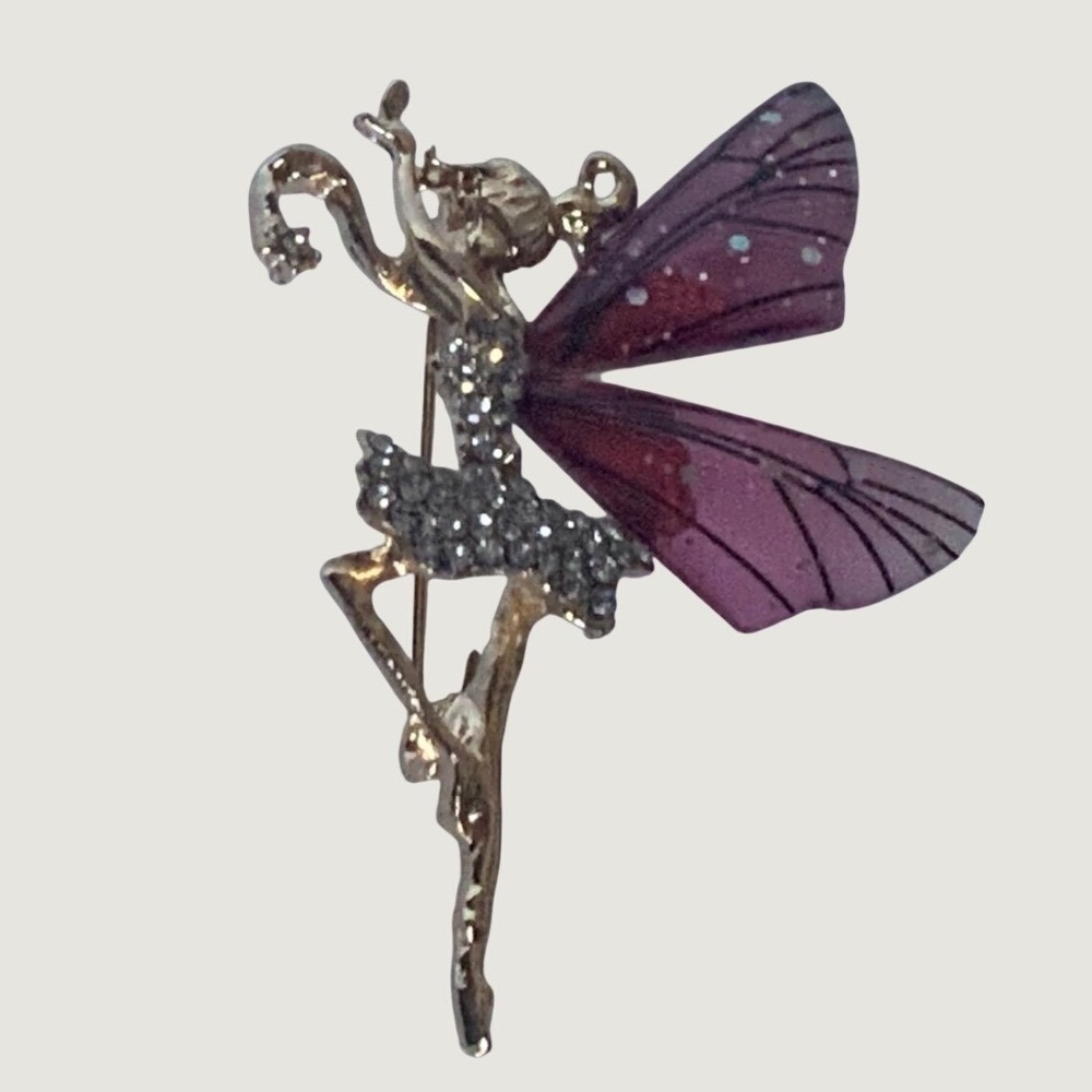 Gold Tone Fairy Ballerina Brooch Purple Wings Rhinestone Whimsical Pin